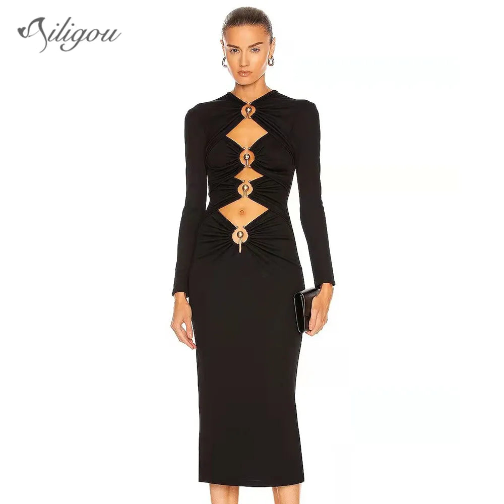 Hollow Metal Button Design Party Club Dress