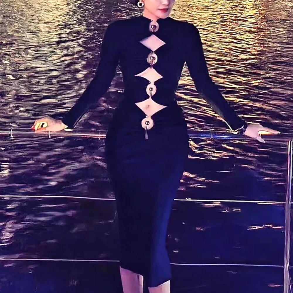 Hollow Metal Button Design Party Club Dress