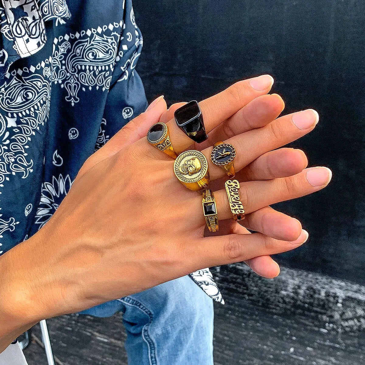 Goth Vintage Skeleton Skull Antique Silver Color Rings 6Pcs/Set
