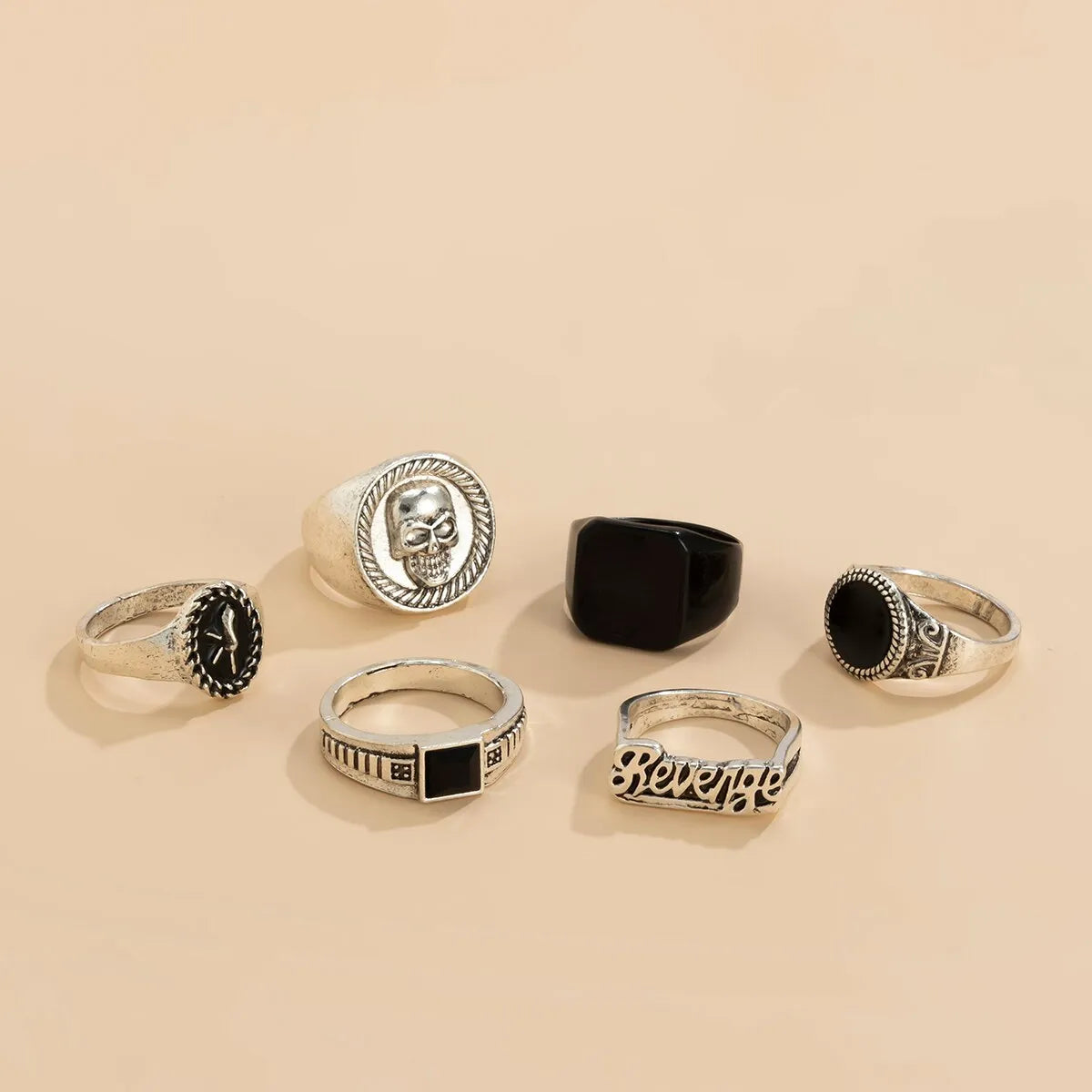 Goth Vintage Skeleton Skull Antique Silver Color Rings 6Pcs/Set