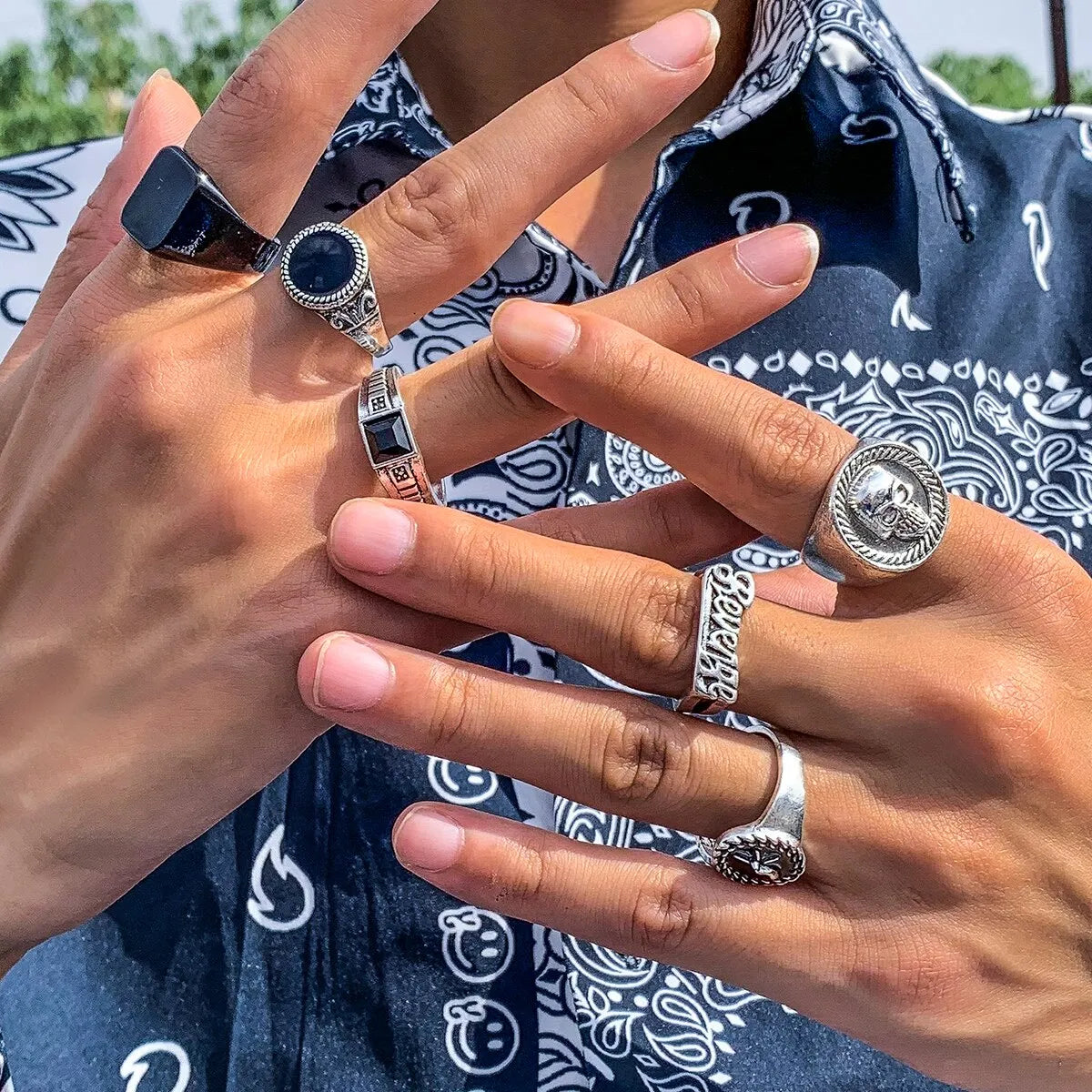 Goth Vintage Skeleton Skull Antique Silver Color Rings 6Pcs/Set