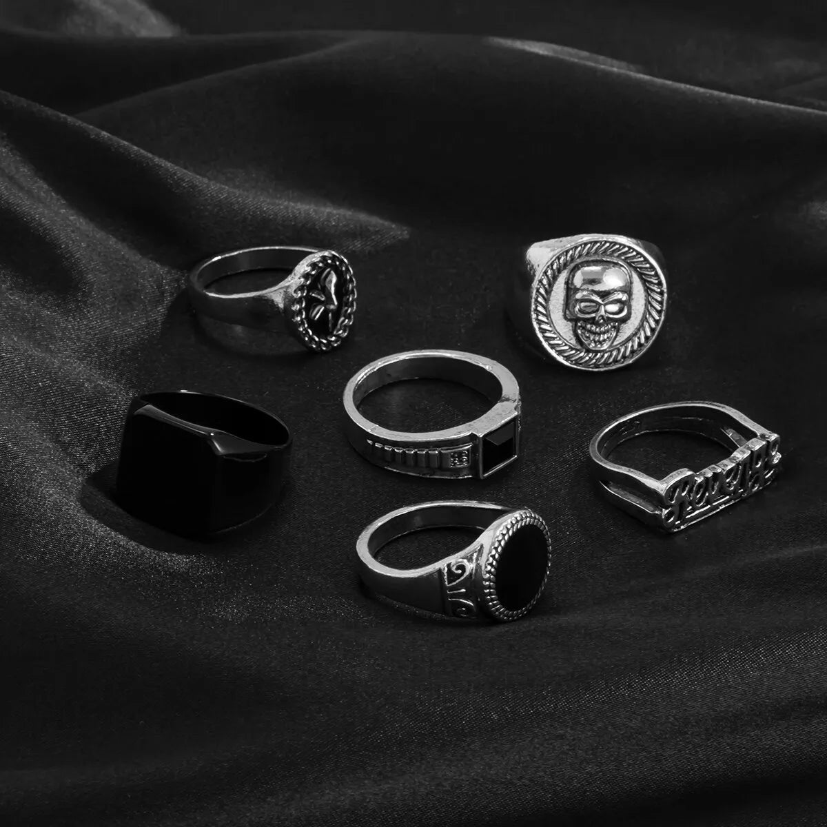 Goth Vintage Skeleton Skull Antique Silver Color Rings 6Pcs/Set