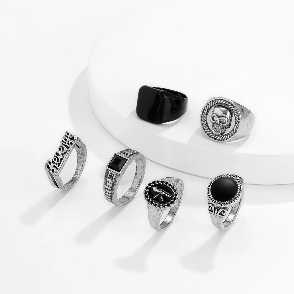 Goth Vintage Skeleton Skull Antique Silver Color Rings 6Pcs/Set