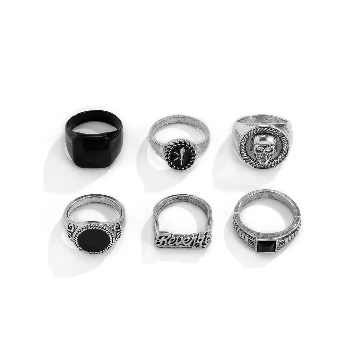 Goth Vintage Skeleton Skull Antique Silver Color Rings 6Pcs/Set