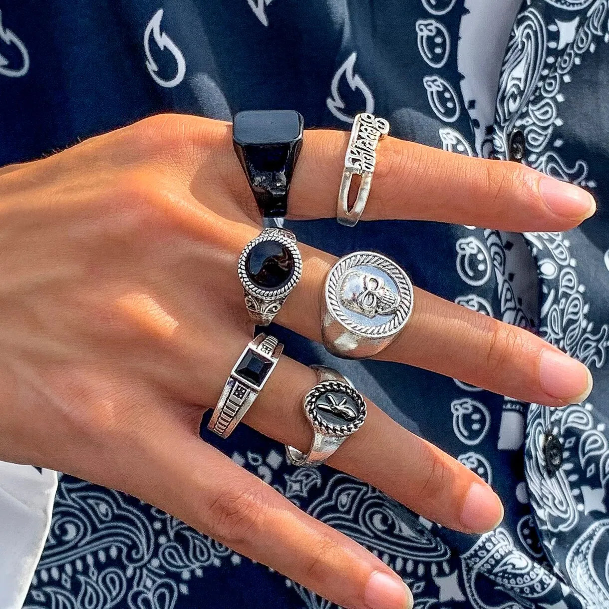 Goth Vintage Skeleton Skull Antique Silver Color Rings 6Pcs/Set