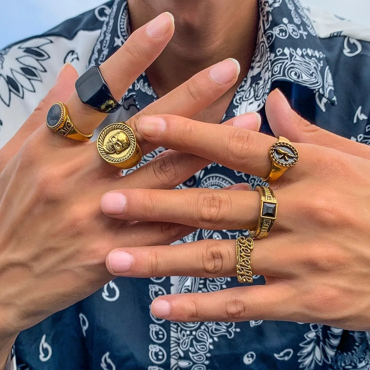 Goth Vintage Skeleton Skull Antique Silver Color Rings 6Pcs/Set