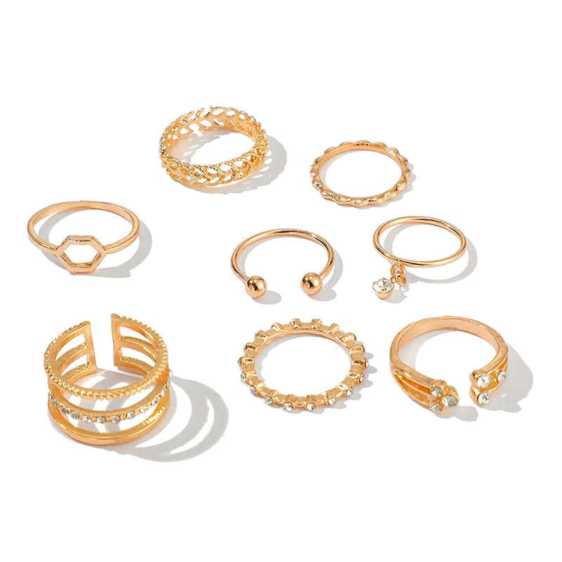 Tocona 8pcs/sets Hollow Out Rings for Women Charms Clear Crystal Stone Gold Chain Rings Bohemian