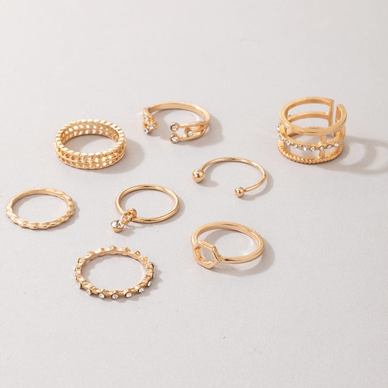 Tocona 8pcs/sets Hollow Out Rings for Women Charms Clear Crystal Stone Gold Chain Rings Bohemian