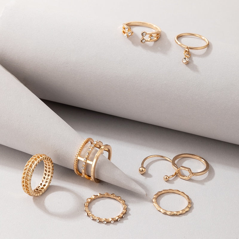 Tocona 8pcs/sets Hollow Out Rings for Women Charms Clear Crystal Stone Gold Chain Rings Bohemian