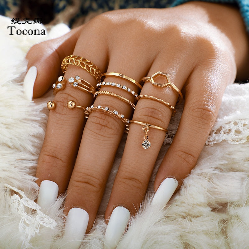 Tocona 8pcs/sets Hollow Out Rings for Women Charms Clear Crystal Stone Gold Chain Rings Bohemian
