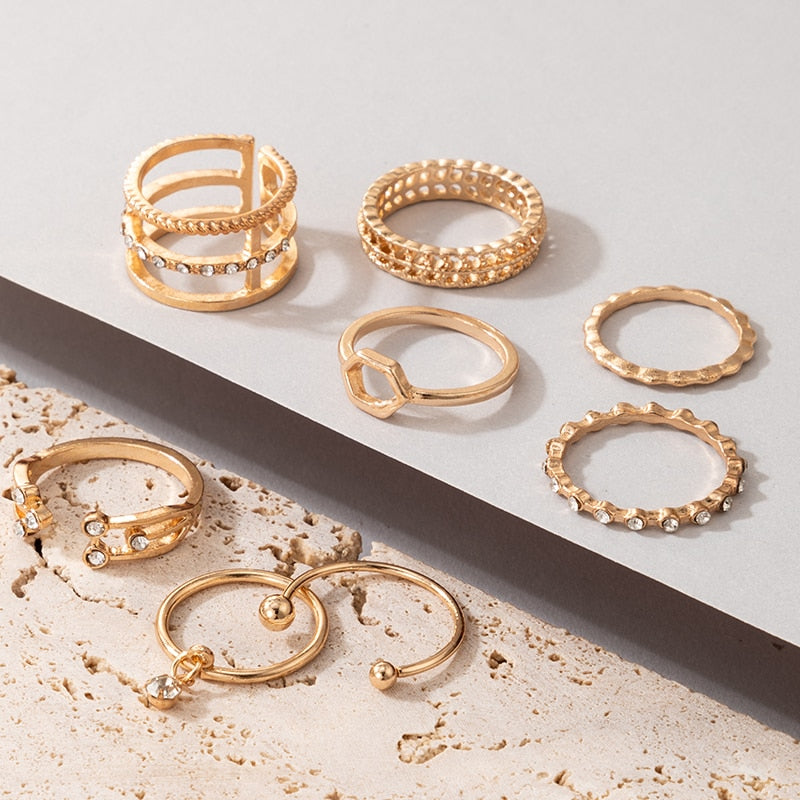 Tocona 8pcs/sets Hollow Out Rings for Women Charms Clear Crystal Stone Gold Chain Rings Bohemian