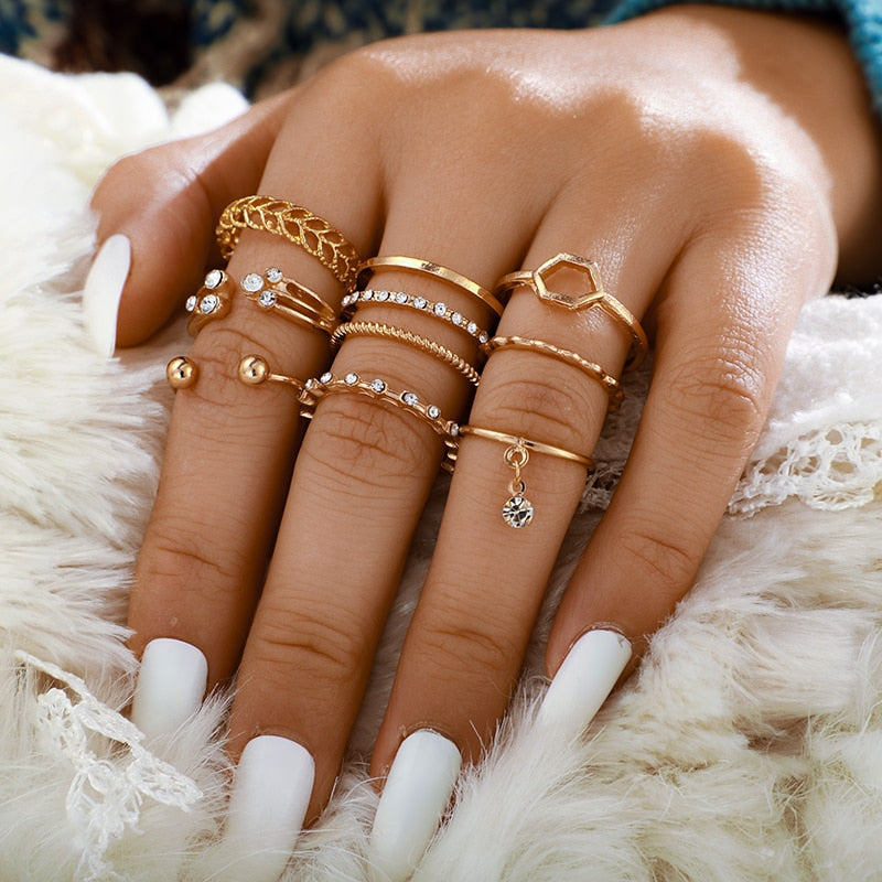 Tocona 8pcs/sets Hollow Out Rings for Women Charms Clear Crystal Stone Gold Chain Rings Bohemian