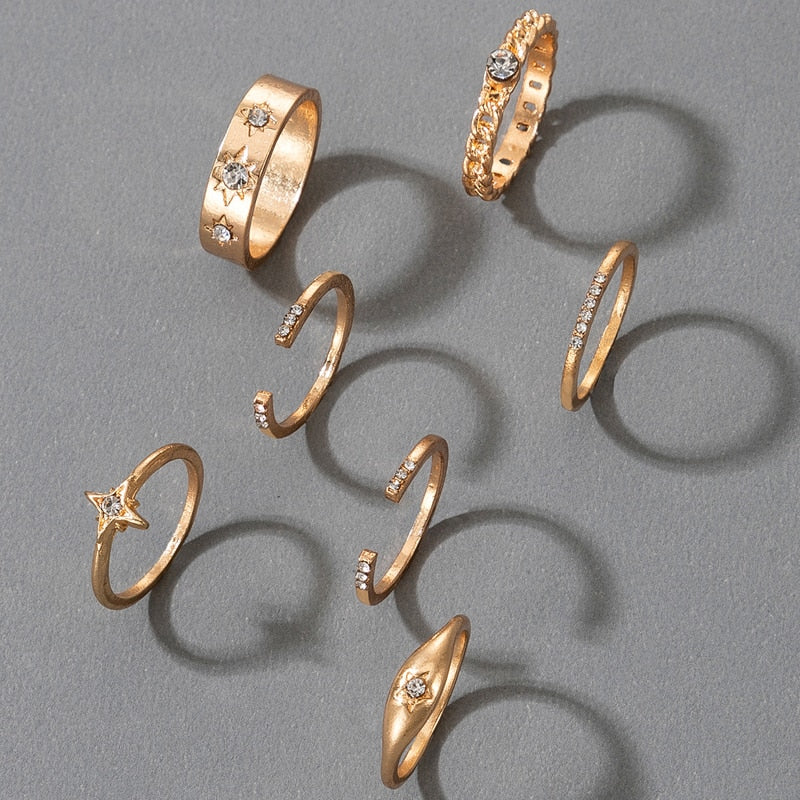 Tocona 8pcs/sets Hollow Out Rings for Women Charms Clear Crystal Stone Gold Chain Rings Bohemian