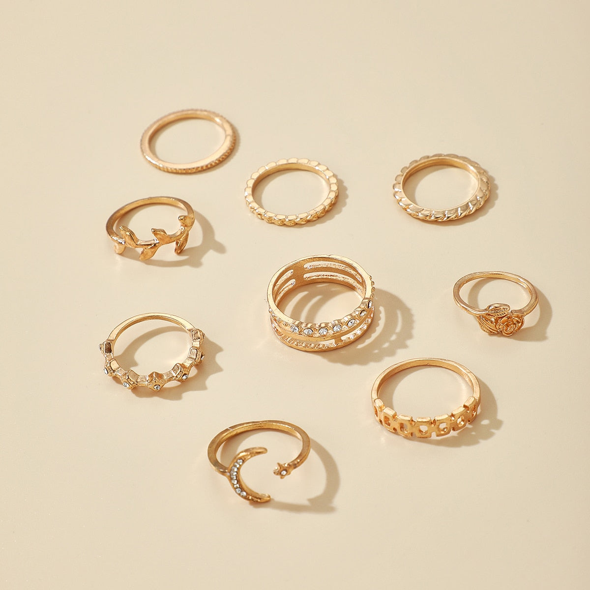 Tocona 8pcs/sets Hollow Out Rings for Women Charms Clear Crystal Stone Gold Chain Rings Bohemian