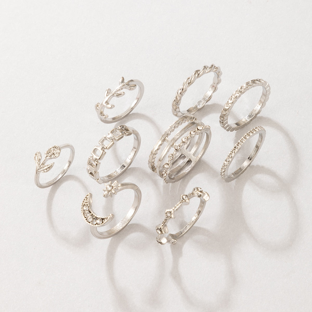Tocona 8pcs/sets Hollow Out Rings for Women Charms Clear Crystal Stone Gold Chain Rings Bohemian