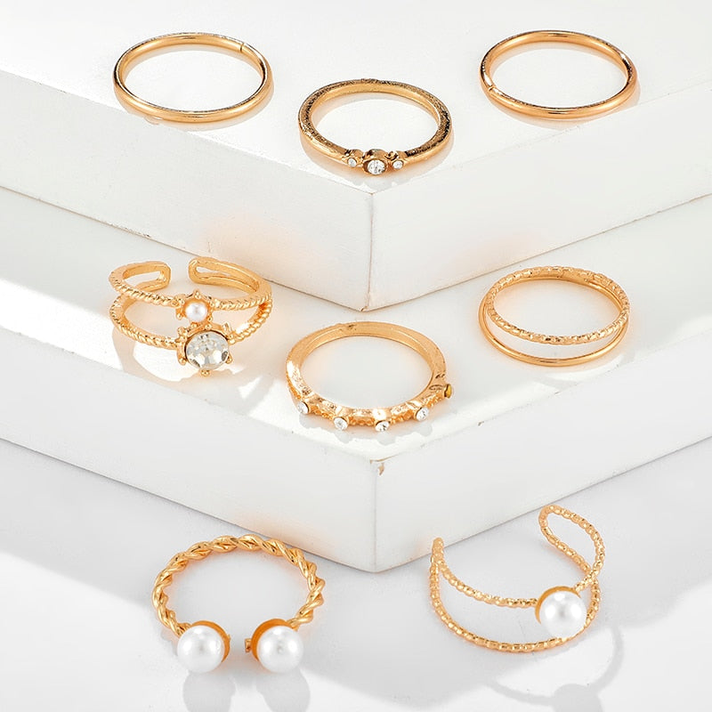Tocona 8pcs/sets Hollow Out Rings for Women Charms Clear Crystal Stone Gold Chain Rings Bohemian