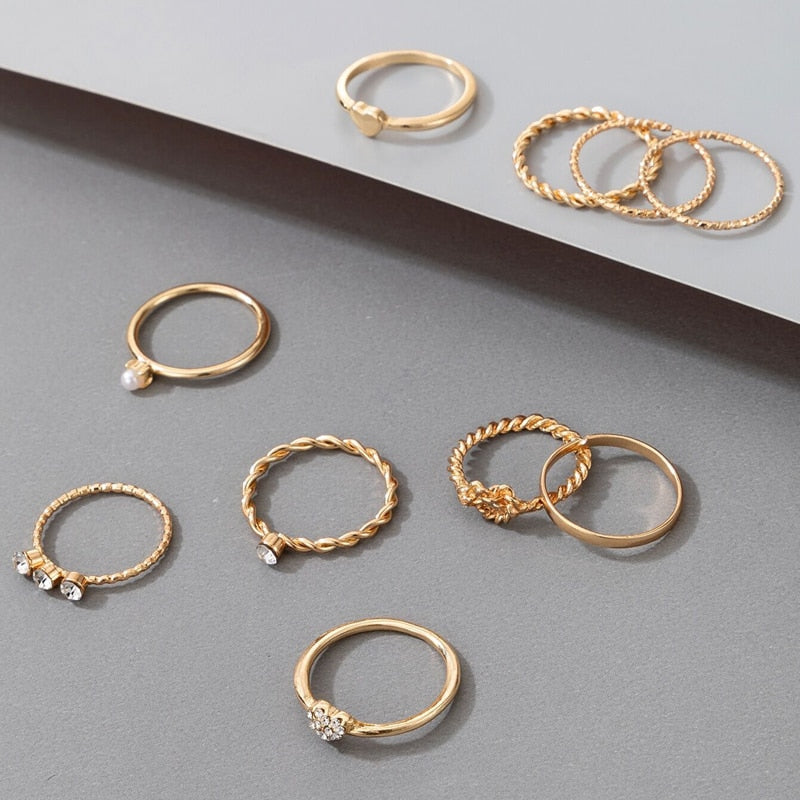 Tocona 8pcs/sets Hollow Out Rings for Women Charms Clear Crystal Stone Gold Chain Rings Bohemian