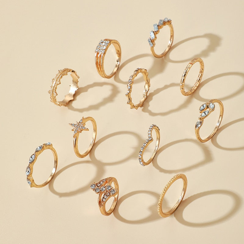 Tocona 8pcs/sets Hollow Out Rings for Women Charms Clear Crystal Stone Gold Chain Rings Bohemian