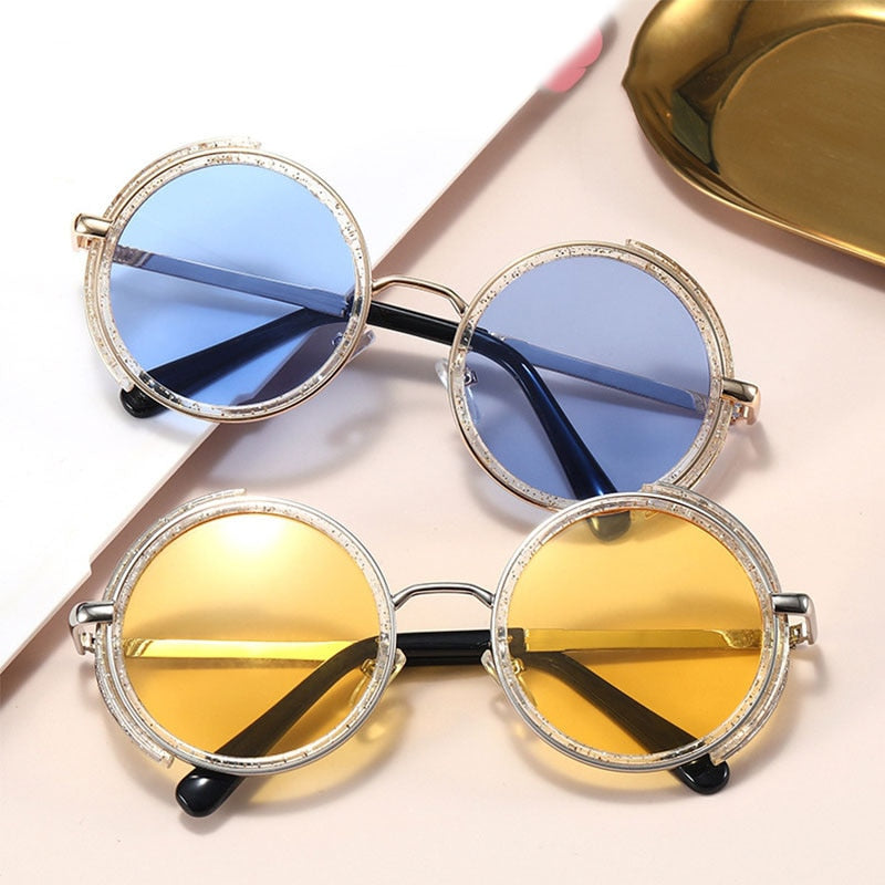 SHAUNA Retro Round Steampunk Sunglasses