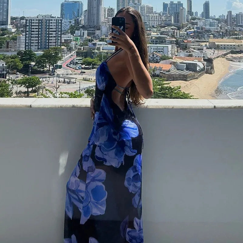 Blair Halter Mesh Sheer Floral Sheer Dress