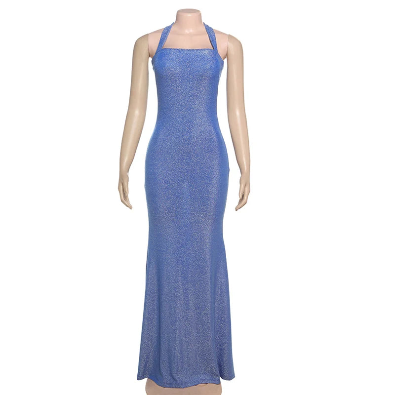 Blue Glitter Halter Neck Party Dress