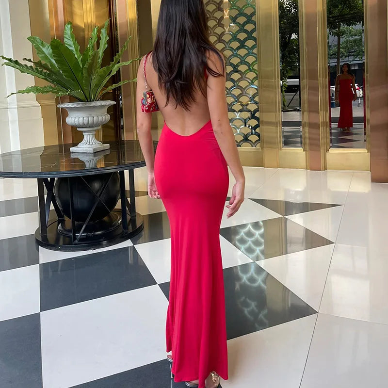 36er red Sexy Backless Slip Maxi Dress