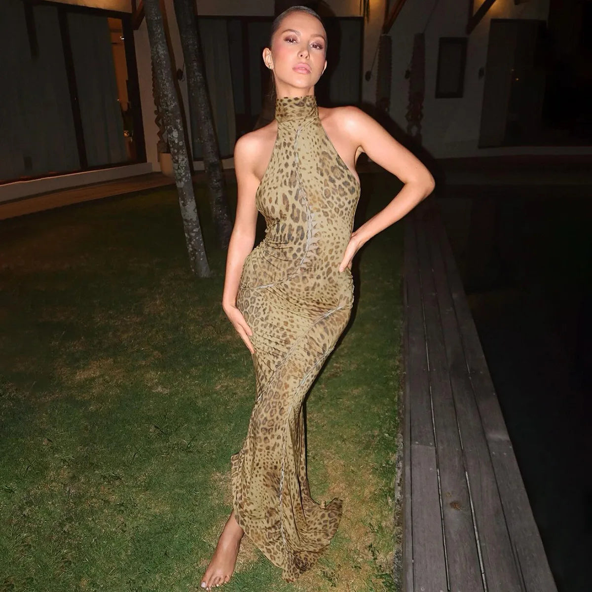 Fashion Halter Leopard Backless Maxi Dress