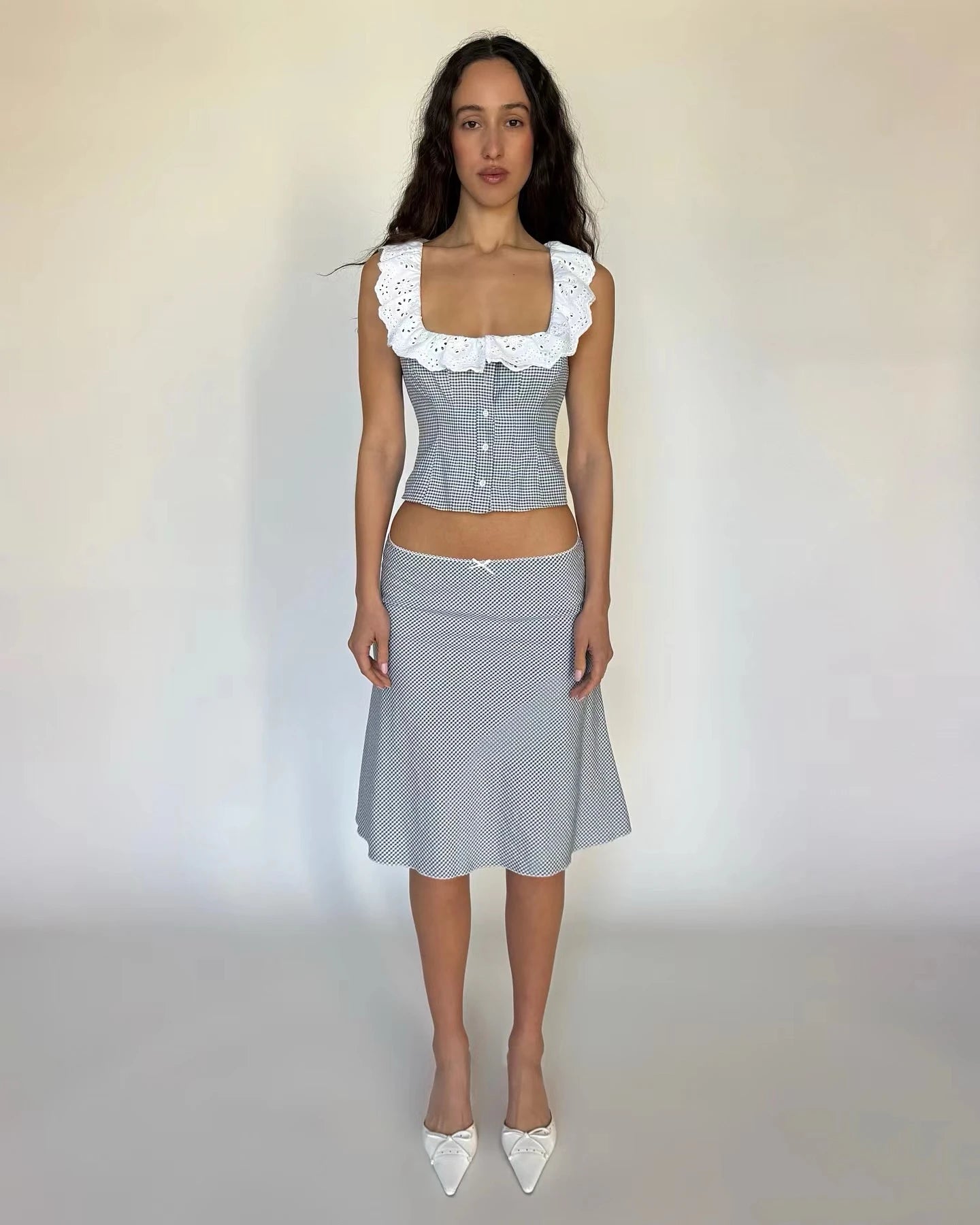 Country Lady Lace Collar Blouse + Midi Skirt Set