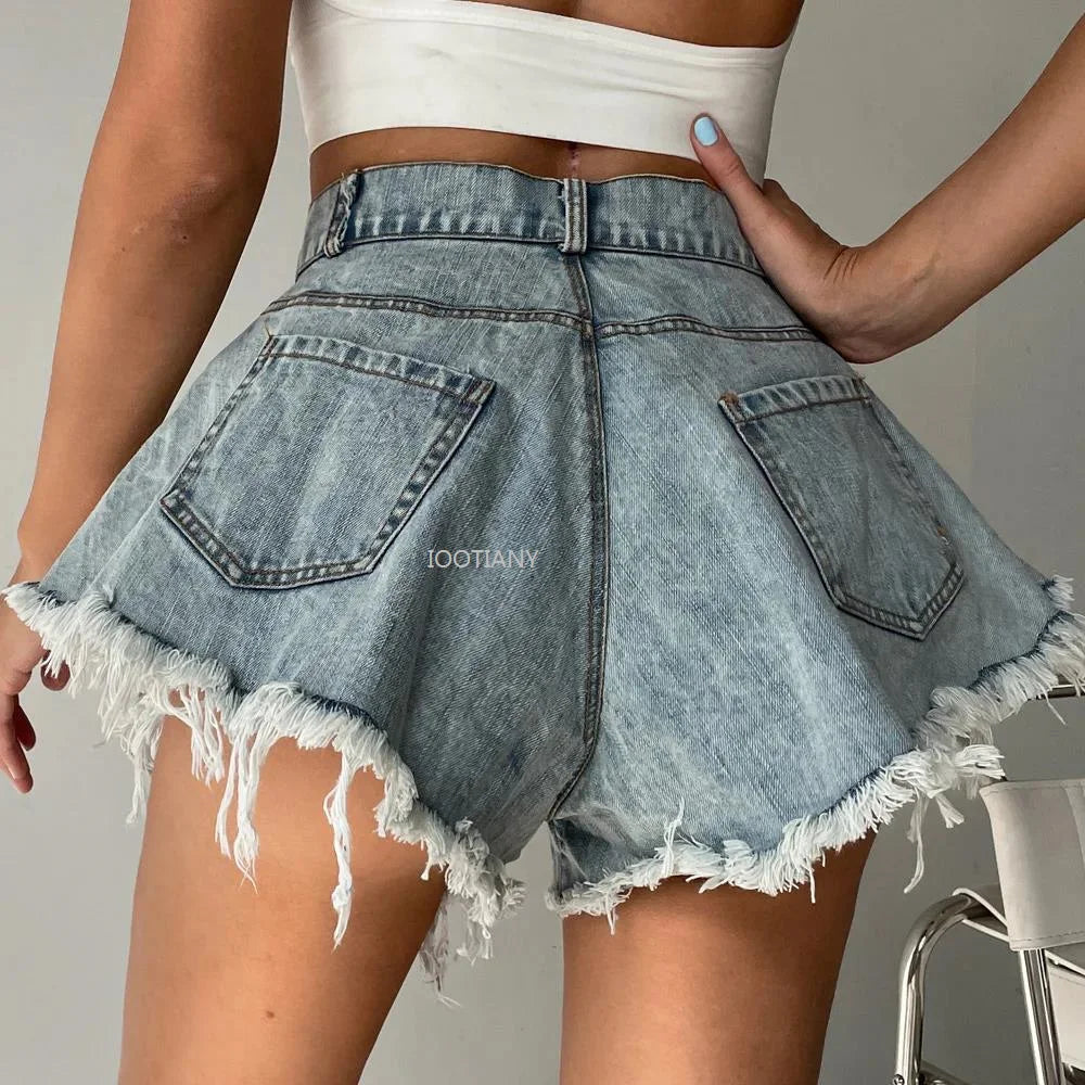 Denim High Waist Loose Tassel Shorts