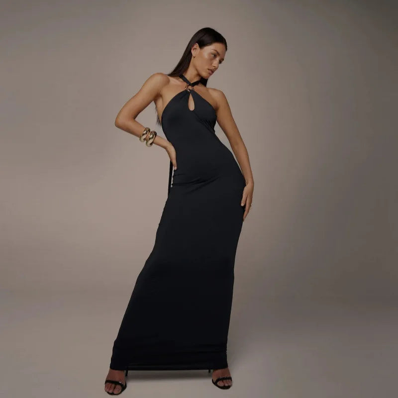 Elegant Backless Halter Black Dress Party Maxi Dress