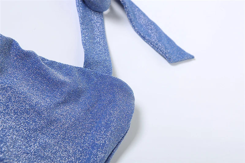 Blue Glitter Halter Neck Party Dress