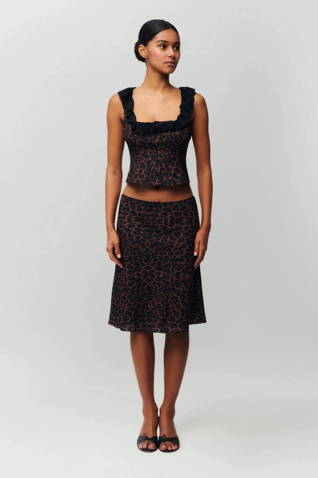 French Leopard V-Neck Bralette Top + Low-rise A-line Skirt