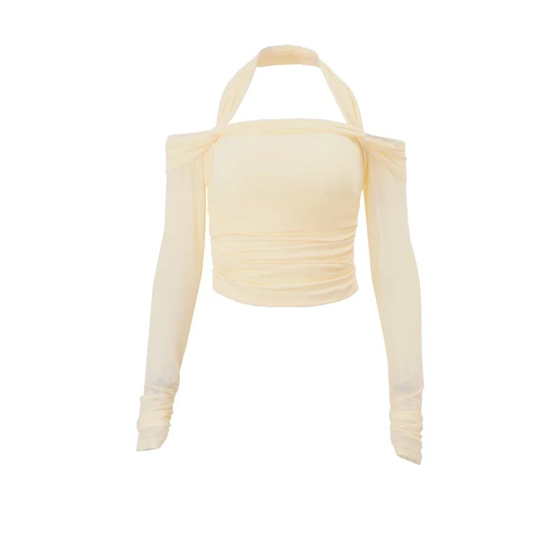 Off Shoulder Long Sleeve Halter Crop