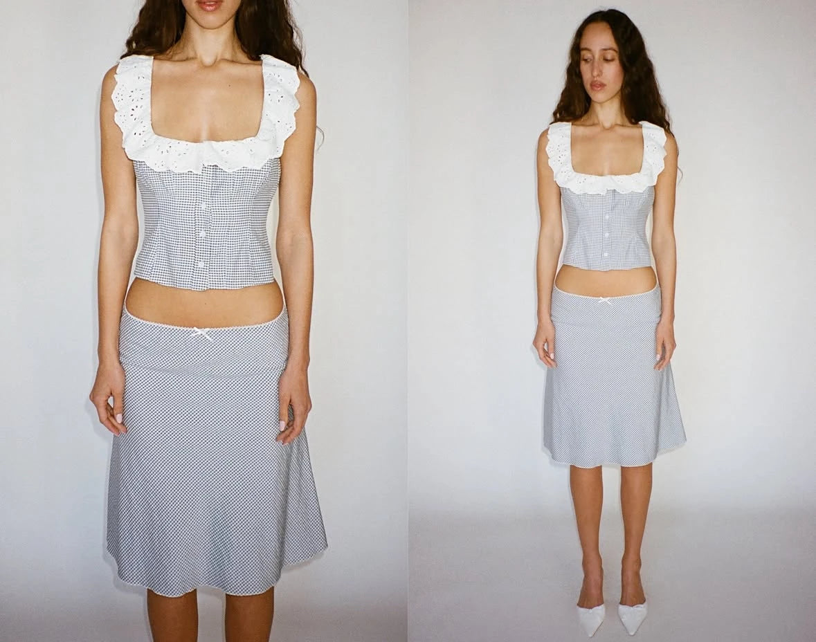 Country Lady Lace Collar Blouse + Midi Skirt Set