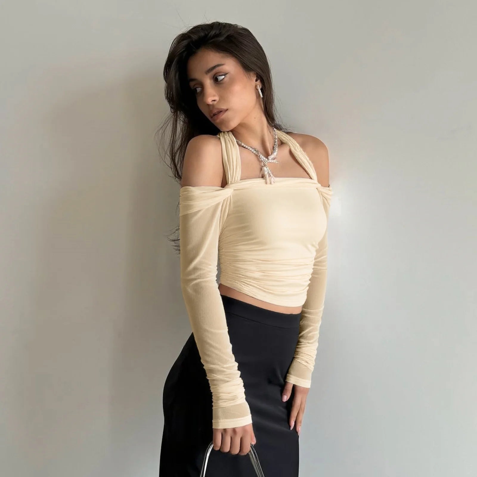 Off Shoulder Long Sleeve Halter Crop