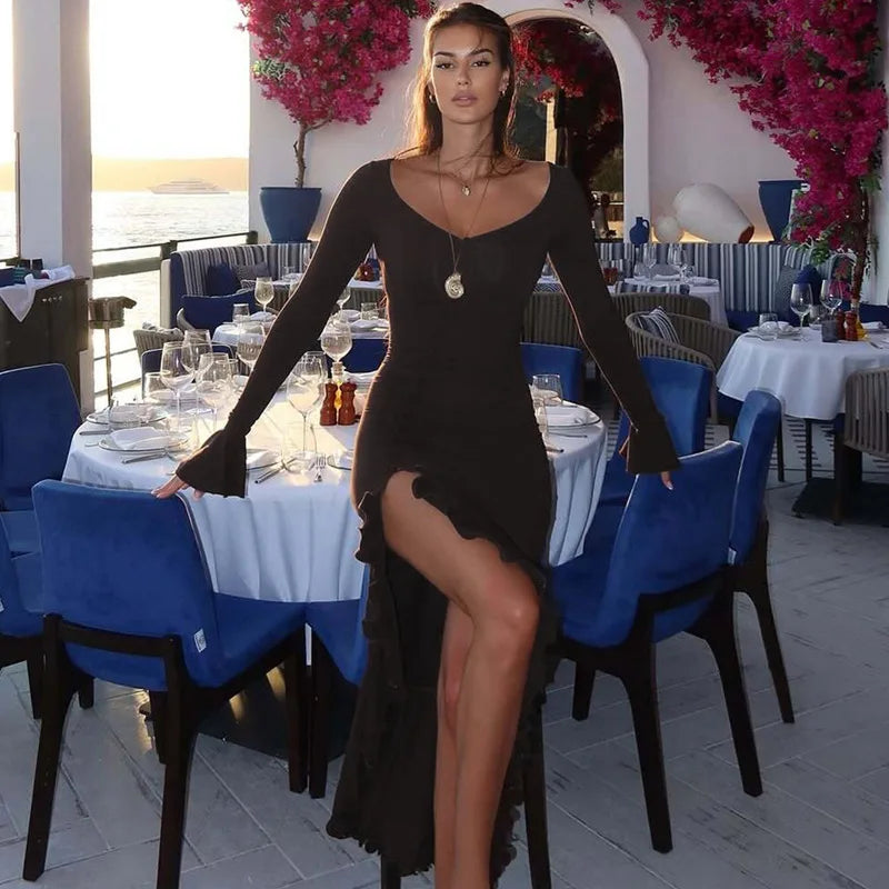 Elegant Ruffled Split Maxi Dress