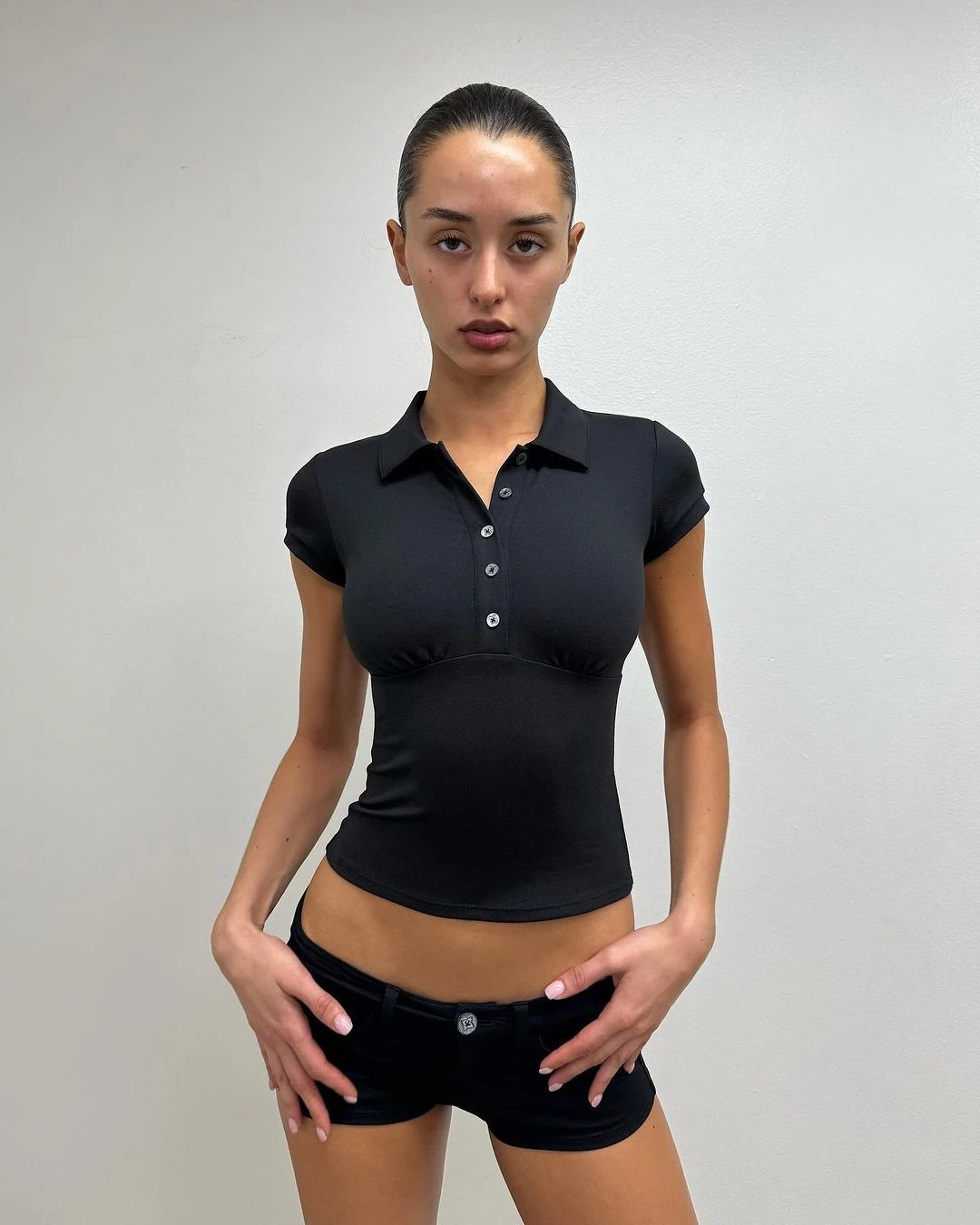 Black Polo Collar Slim Top