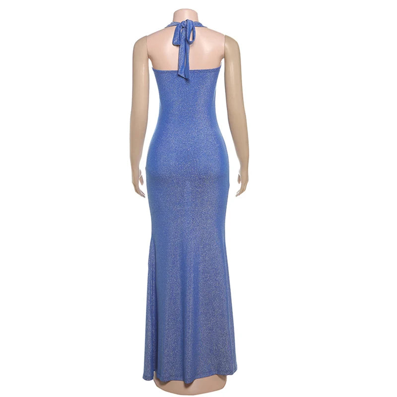Blue Glitter Halter Neck Party Dress