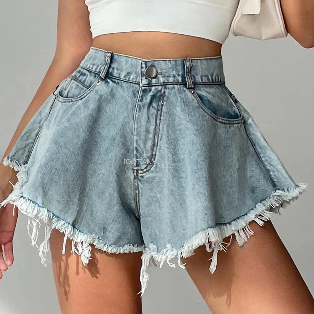 Denim High Waist Loose Tassel Shorts