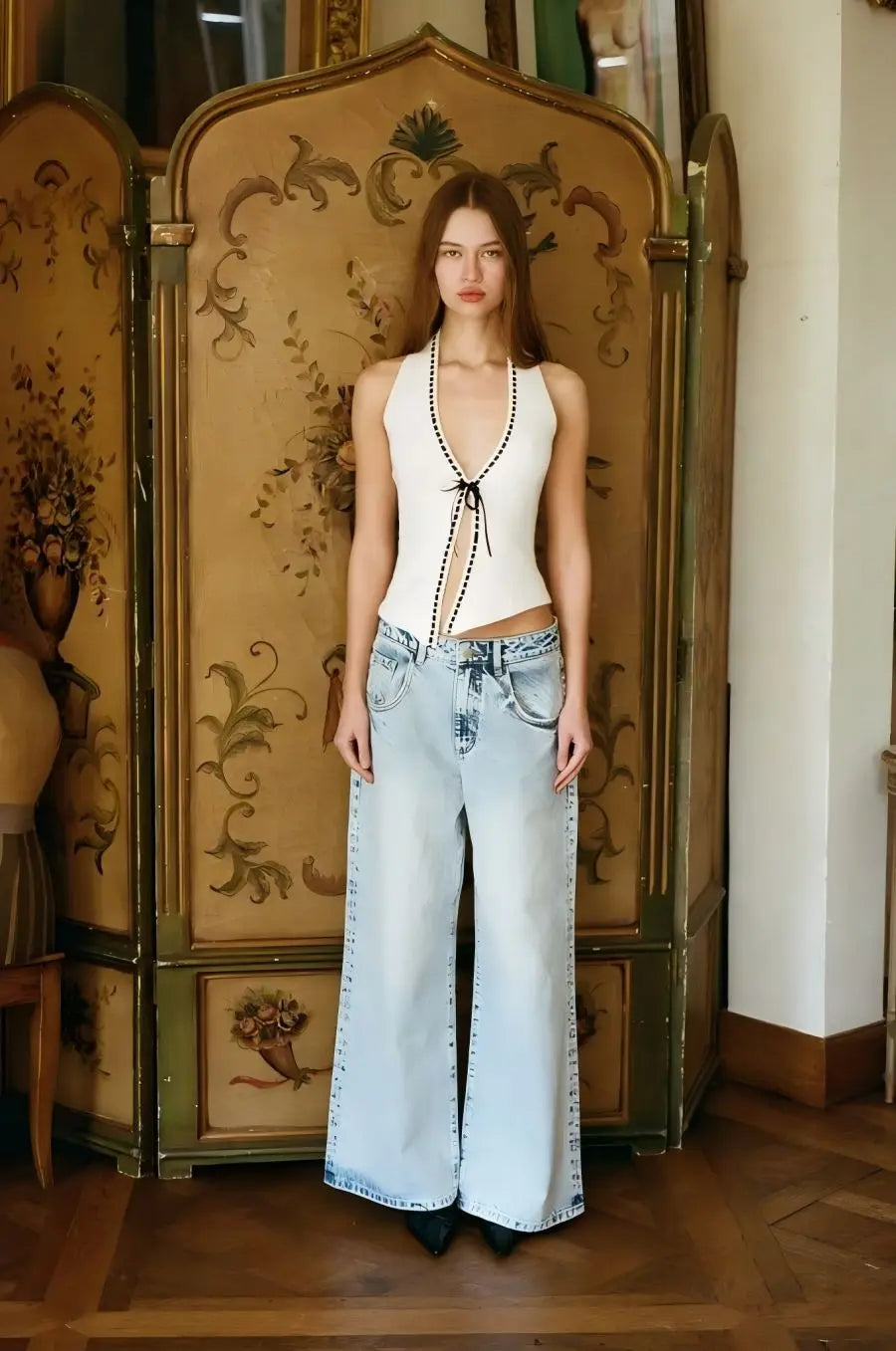 With jean bow lace-up top
