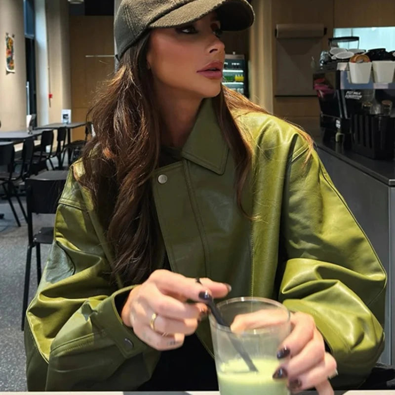 Olive Green Faux Leather Jacket