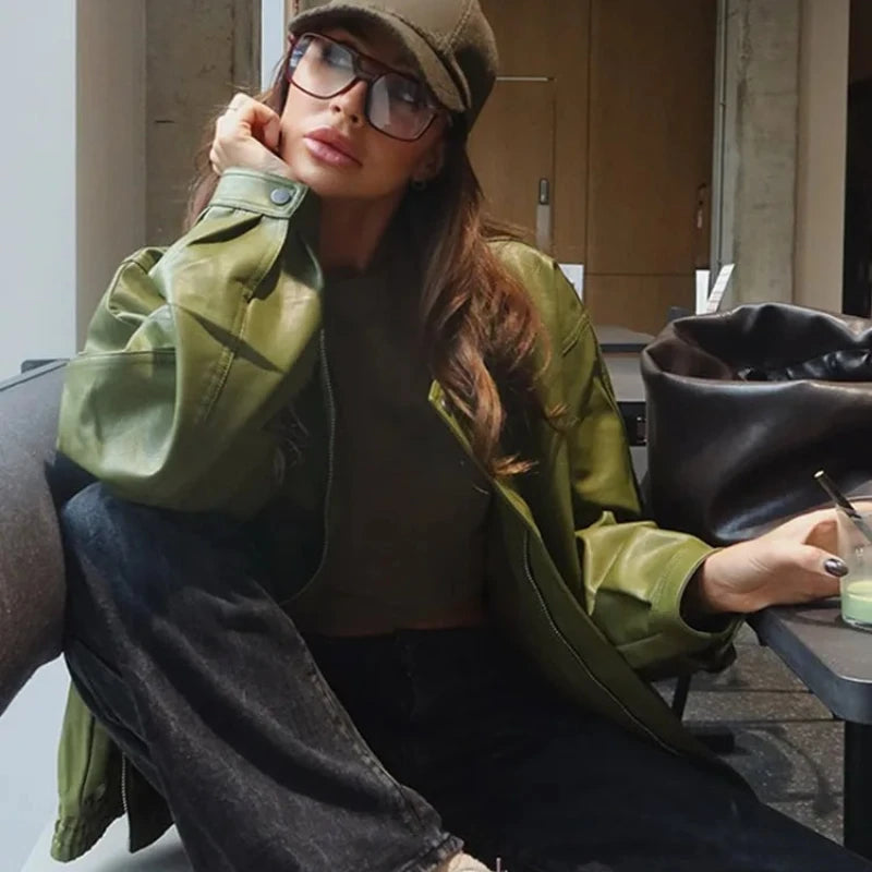 Olive Green Faux Leather Jacket