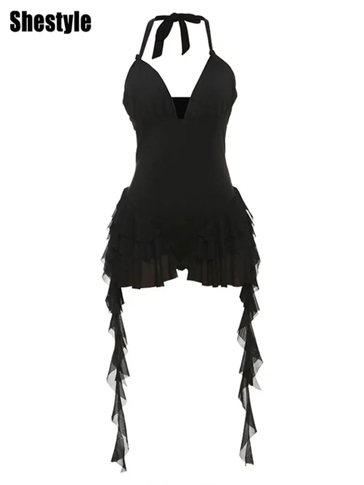 Aimee Playsuit Black Deep V Neck Halter