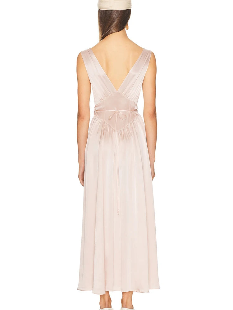 Lily Satin Deep V-neck Lace Bow Maxi Dress