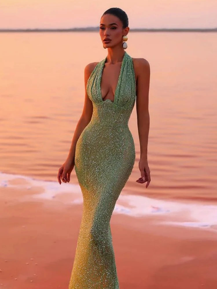 Sexy Halter V Neck Sequins Maxi Dress