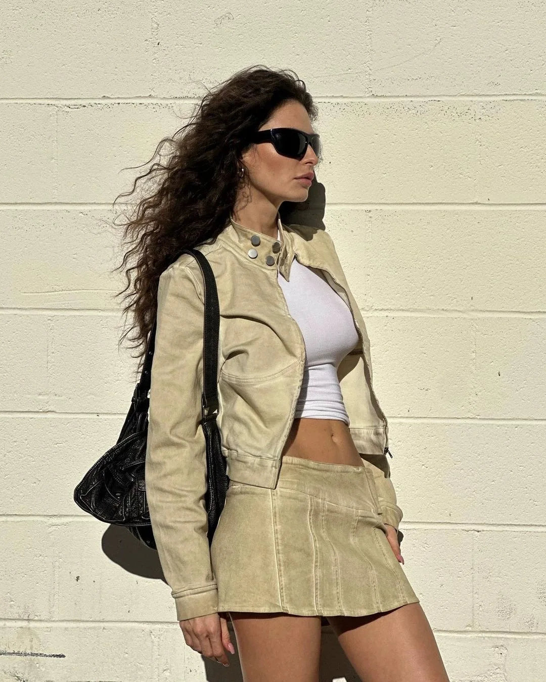 With jean bella washed khaki jacket short low-rise skirt set