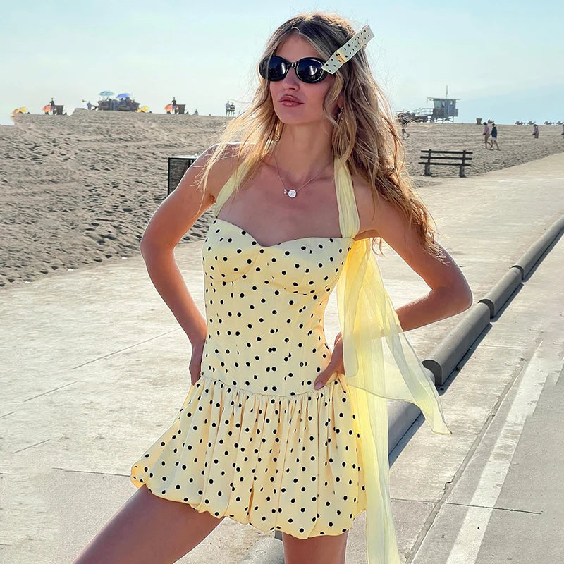 Polka Dot Ribbon Halter Dress