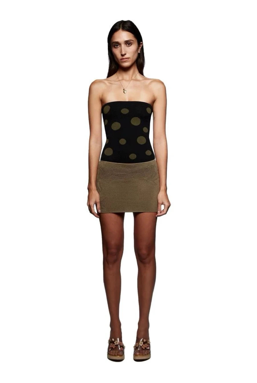 Tank black knitted tube top + green polka mini skirt
