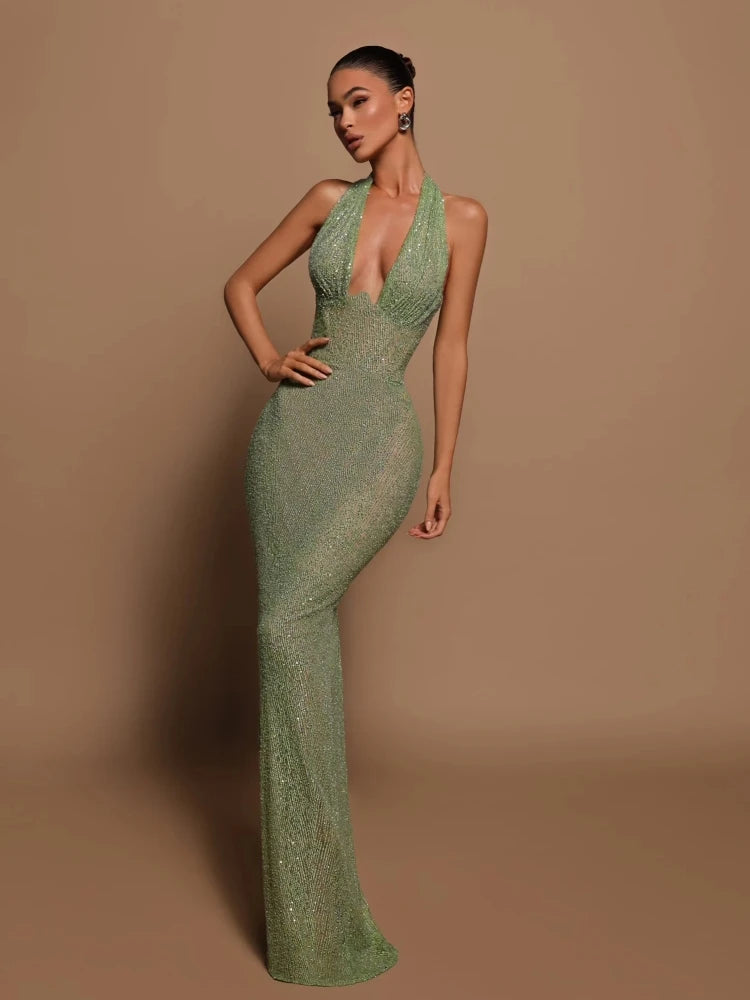 Em Halter V Neck Sequins Maxi Dress