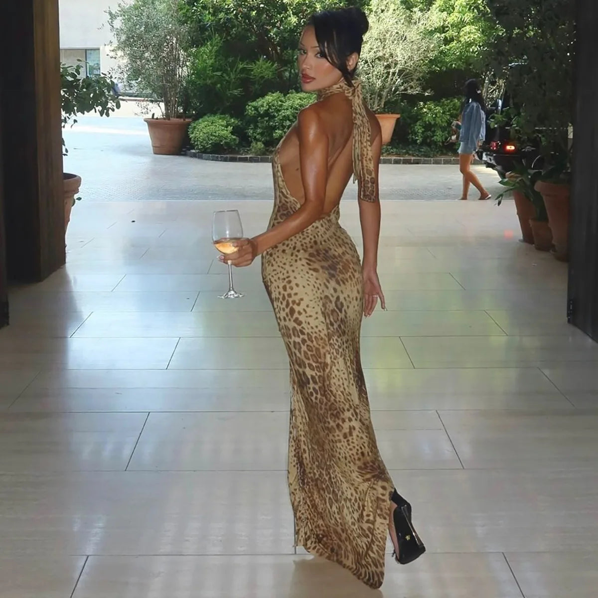 Fashion Halter Leopard Backless Maxi Dress